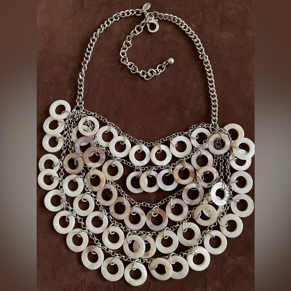 Chicos 5 layer silver necklace w/ shades taupe & ivory rings 10” long